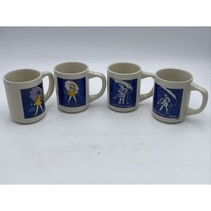 4 Vintage Morton Salt Umbrella Girl Coffee Mugs Cups "When it Rains it Pours"